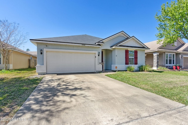 single story home with driveway, a front lawn, and an attached garage