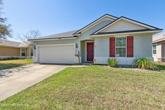 ranch-style house with stucco siding, driveway, an attached garage, and a front yard