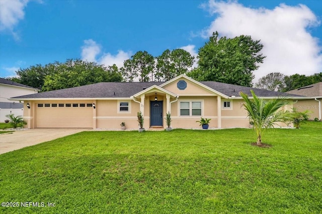 ranch-style house featuring stucco siding, an attached garage, concrete driveway, and a front lawn