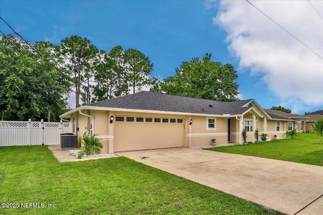 single story home featuring a front lawn, concrete driveway, fence, and stucco siding