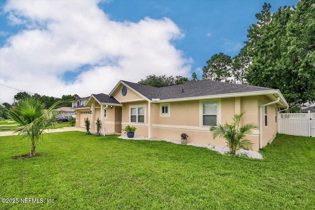 ranch-style home with stucco siding, driveway, a front lawn, fence, and a garage