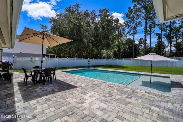 view of swimming pool with a fenced backyard, a fenced in pool, outdoor dining area, and a patio