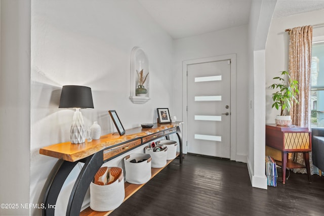 foyer with dark wood-type flooring and baseboards