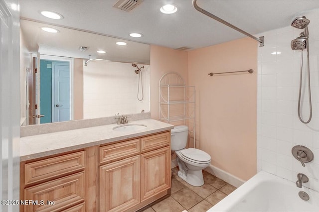 full bathroom featuring vanity, visible vents, bathing tub / shower combination, toilet, and tile patterned floors