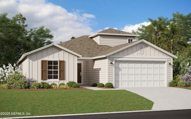 view of front of house with a front yard, board and batten siding, an attached garage, and a shingled roof