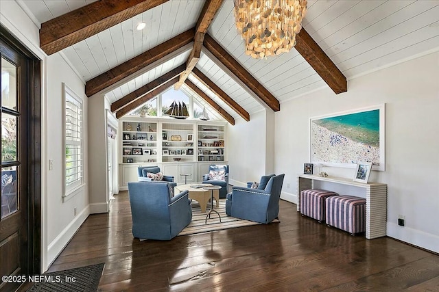 living room featuring built in shelves, baseboards, lofted ceiling with beams, hardwood / wood-style floors, and an inviting chandelier