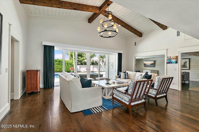 living area featuring dark wood finished floors, a chandelier, beamed ceiling, and high vaulted ceiling