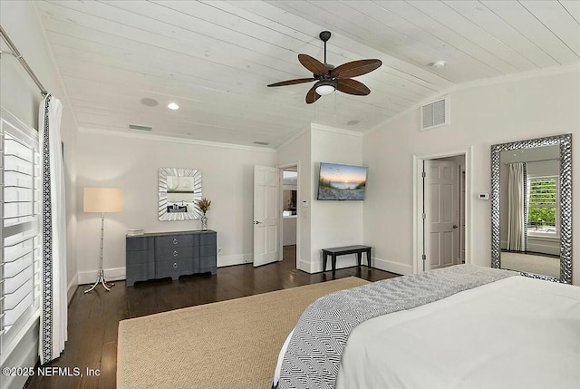 bedroom with visible vents, ornamental molding, wood ceiling, dark wood-style flooring, and vaulted ceiling