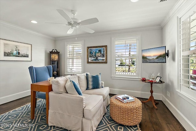 living room with ceiling fan, baseboards, ornamental molding, recessed lighting, and wood finished floors