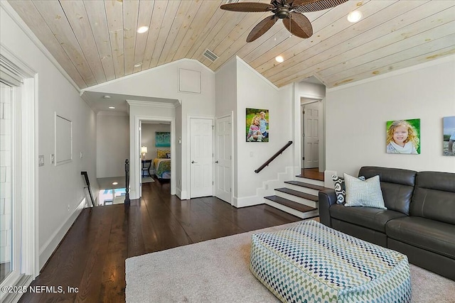 living room with a ceiling fan, dark wood-style floors, lofted ceiling, ornamental molding, and wooden ceiling