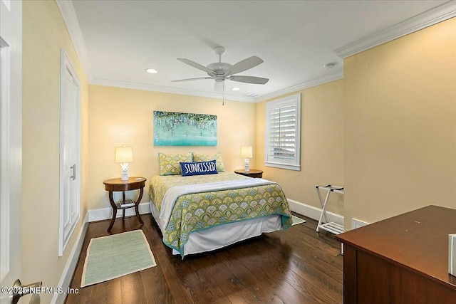 bedroom with recessed lighting, baseboards, ornamental molding, and hardwood / wood-style flooring