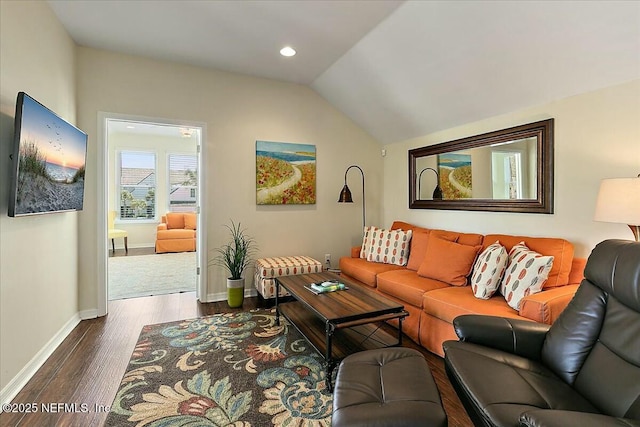 living room featuring vaulted ceiling, recessed lighting, dark wood-style floors, and baseboards