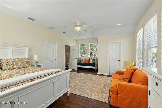 bedroom with recessed lighting, visible vents, dark wood-type flooring, and ceiling fan