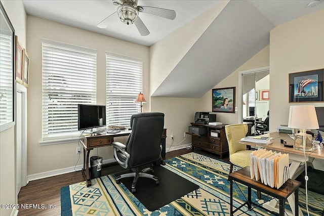 office area with baseboards, wood finished floors, lofted ceiling, and ceiling fan