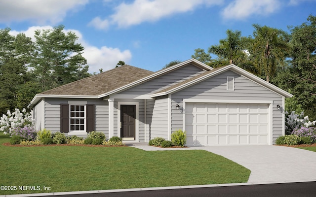 251 Pinzon Pl, Saint Augustine, FL 32095 - single story home featuring a garage, driveway, a front lawn, and roof with shingles