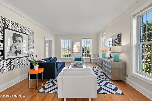 living room with a wealth of natural light, crown molding, and light wood-type flooring