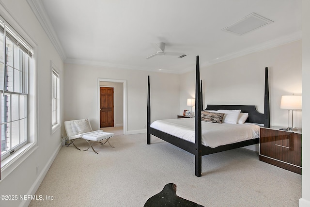 bedroom with visible vents, ceiling fan, baseboards, light colored carpet, and ornamental molding