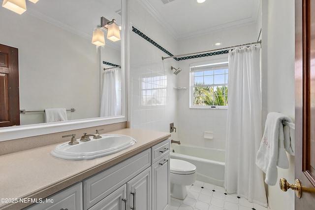 bathroom featuring shower / bath combo, toilet, vanity, and ornamental molding