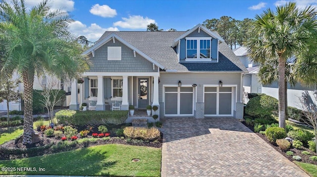 craftsman-style house with a garage, decorative driveway, covered porch, and roof with shingles