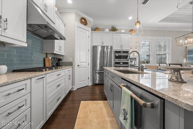 kitchen featuring a sink, under cabinet range hood, ornamental molding, stainless steel appliances, and dark wood-style flooring