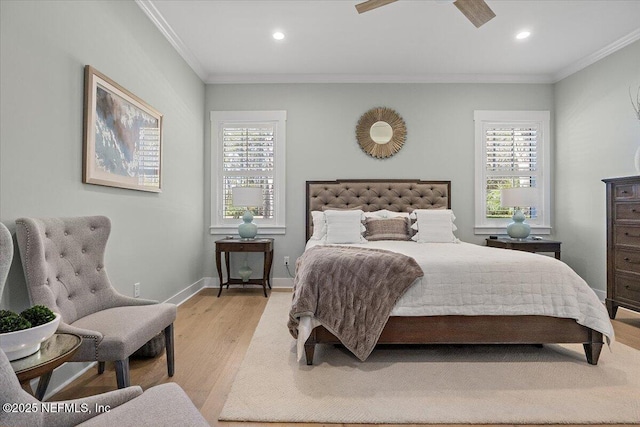 bedroom featuring recessed lighting, baseboards, light wood-style floors, and ornamental molding