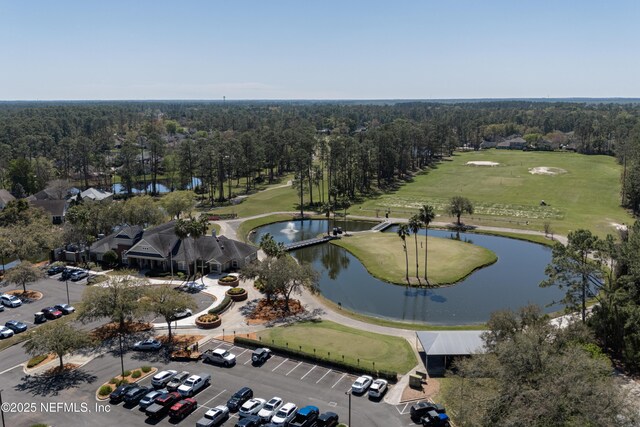 drone / aerial view with a view of trees and a water view