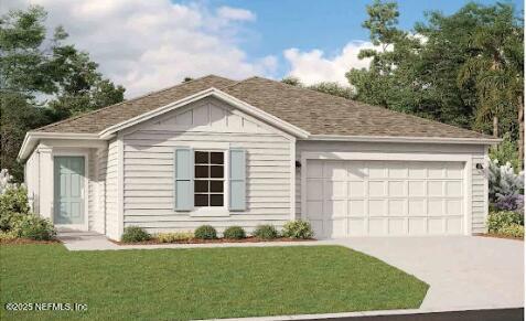 single story home with a garage, a front yard, board and batten siding, and driveway