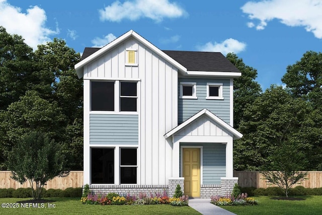 modern farmhouse featuring fence, board and batten siding, and roof with shingles