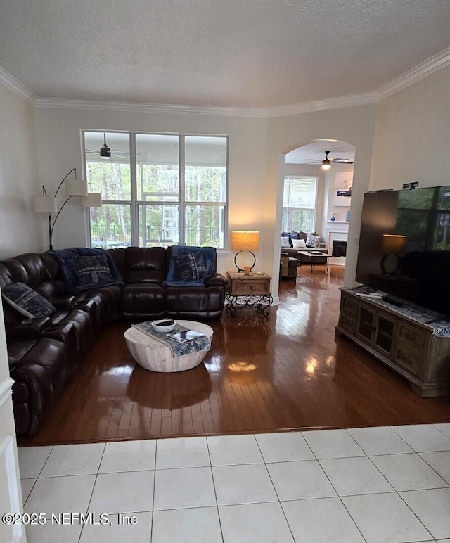 living area featuring arched walkways, a fireplace, and crown molding