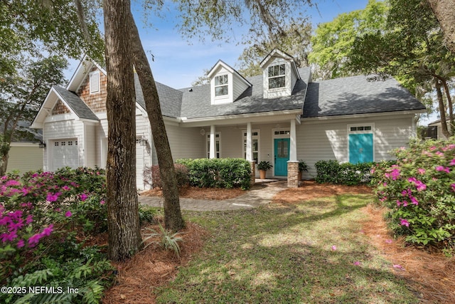 cape cod home with a garage, roof with shingles, covered porch, and a front yard