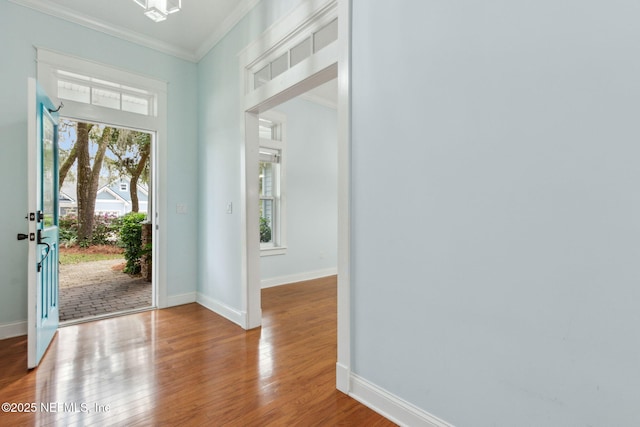 entrance foyer featuring wood finished floors, baseboards, and ornamental molding