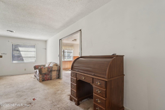 carpeted office with a wealth of natural light, visible vents, and a textured ceiling