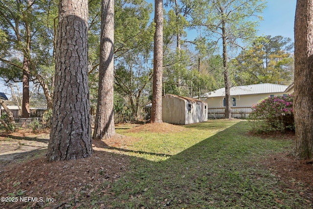 view of yard featuring a fenced backyard, a storage unit, and an outdoor structure