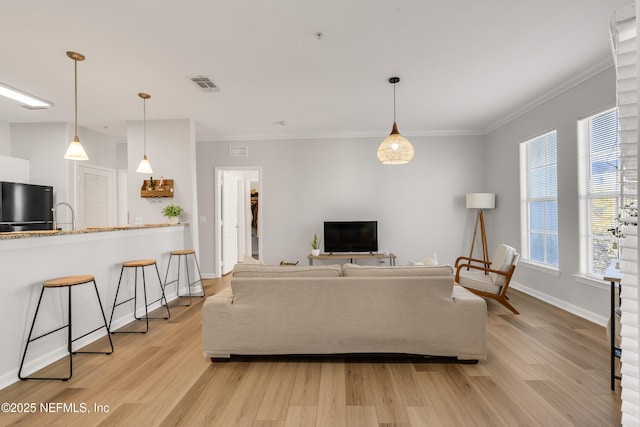 living area featuring visible vents, baseboards, crown molding, and light wood-style floors