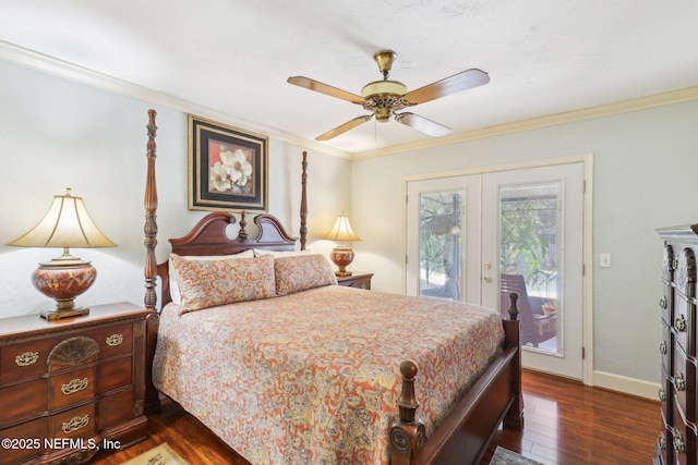 bedroom with baseboards, dark wood-style flooring, ornamental molding, french doors, and access to outside