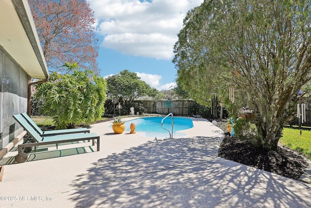 view of swimming pool featuring a patio, a fenced backyard, and a fenced in pool