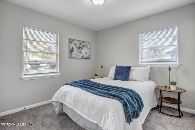 bedroom featuring multiple windows, carpet flooring, and baseboards