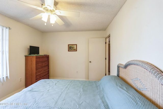 bedroom with a textured ceiling and ceiling fan