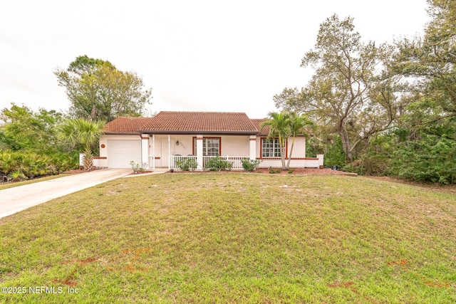 view of front of property featuring driveway, an attached garage, covered porch, stucco siding, and a tiled roof