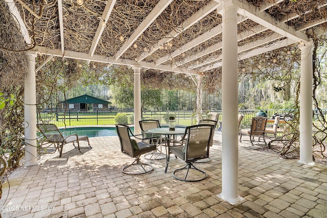 view of patio featuring outdoor dining space, a fenced in pool, and a fenced backyard