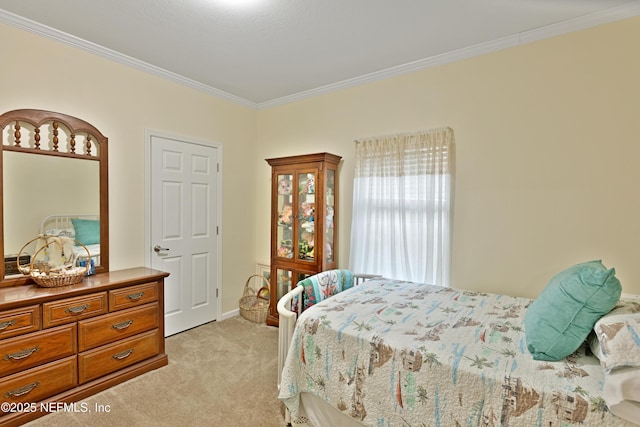 bedroom featuring light carpet and ornamental molding