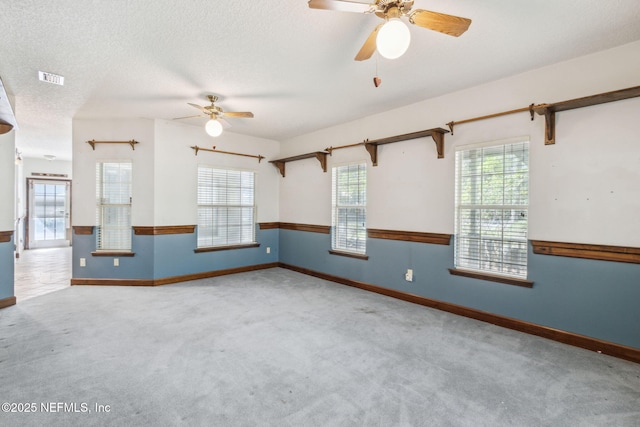 empty room featuring a healthy amount of sunlight, carpet, visible vents, and a textured ceiling