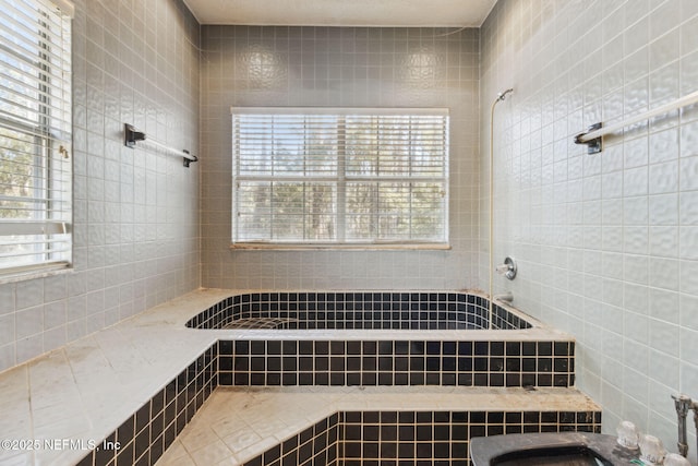 bathroom with tile walls