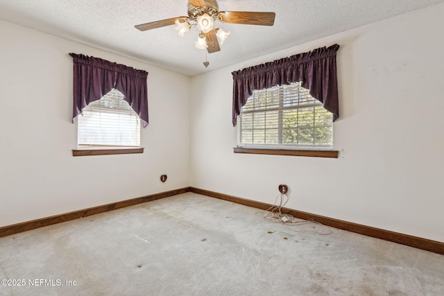 spare room with a wealth of natural light, baseboards, a textured ceiling, and carpet