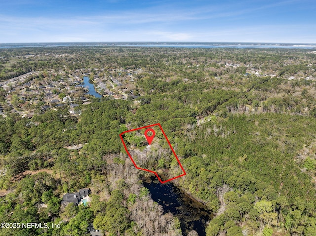 drone / aerial view with a water view and a wooded view