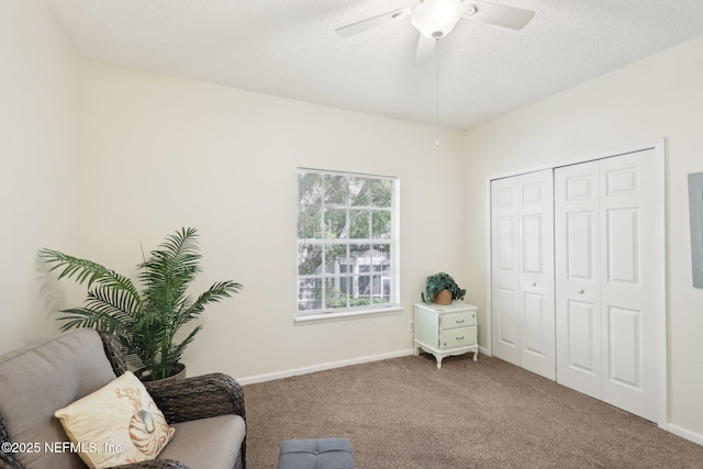 living area with baseboards, a ceiling fan, carpet flooring, and a textured ceiling