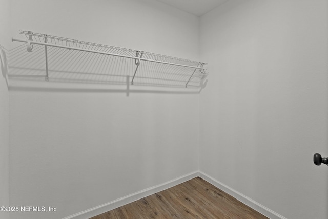 walk in closet with wood finished floors