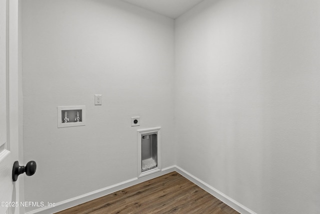 clothes washing area with hookup for a washing machine, baseboards, laundry area, dark wood-style flooring, and electric dryer hookup