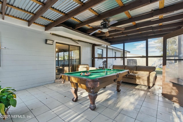 rec room featuring tile patterned floors, pool table, and a ceiling fan