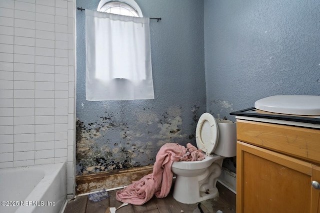 bathroom featuring wood finished floors, toilet, vanity, and a textured wall